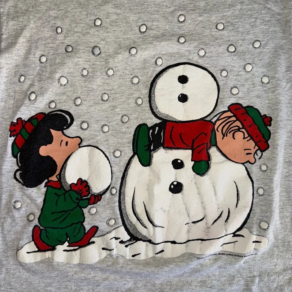 Vintage Peanuts Charlie Brown Holiday Building Snowman T-Shirt Tultex Size Large